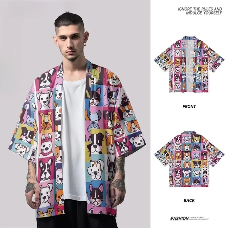 سترة هاوري كارتونية لطيفة على شكل كلب مطبوعة كيمونو ملابس الشارع للرجال والنساء ملابس يوكاتا للشاطئ على الطراز الياباني رداء أنيمي مقاس كبير #1