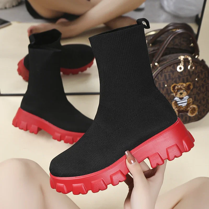 Classics Autumn Winter New Socks Shoes for Women Thick-soled Casual Knitted Slip-On Short Boots Plus Size Botas De Mujer