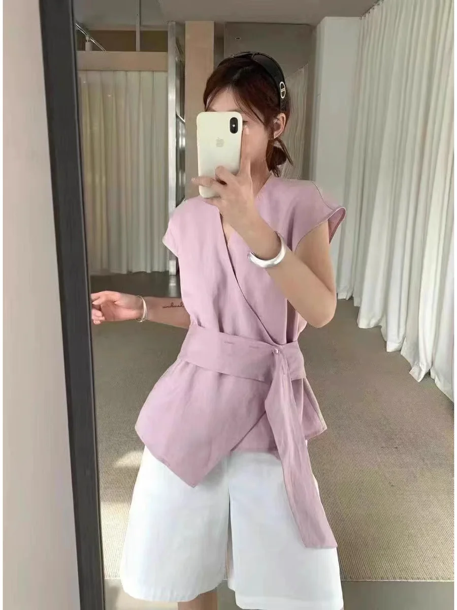 เสื้อกั๊กผ้าลินินสำหรับผู้หญิง ไซส์เล็ก ทรงหลวม ดีไซน์เข้ารูป ปรับเข็มขัดเอวได้ คอวี เหมาะสำหรับเดินทาง ทันสมัย สวมใส่สบาย ระบายอากาศได้ดี