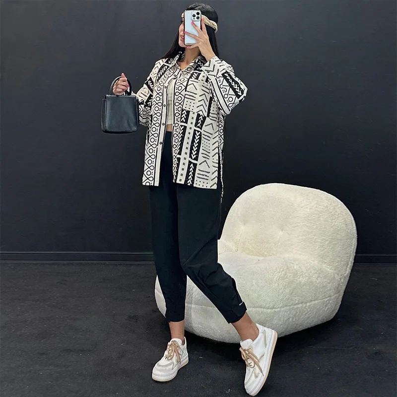 Casual Set, Loose Fit, Oversized Fashionable Women's Long Sleeved Shirt, Ankle Tied Harun Pants, Cotton And Linen Two-Piece Set