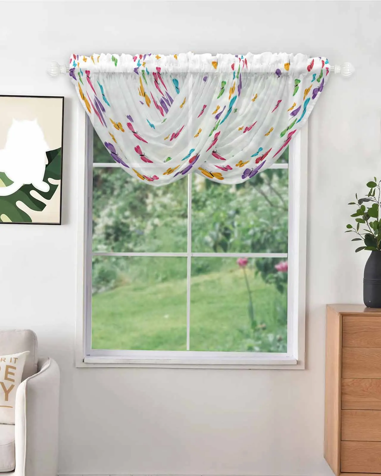 Colorful Butterfly White Tulle Curtains for Living Room Bedroom Sheer Voile Curtain for Kitchen Short Sheer Drapes