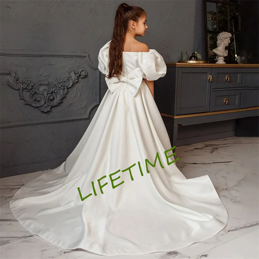 Satin Flower Girl Dress For Wedding Off Shoulder Floor Length With Bow Elegant Child's First Eucharistic Birthday Party DressesS