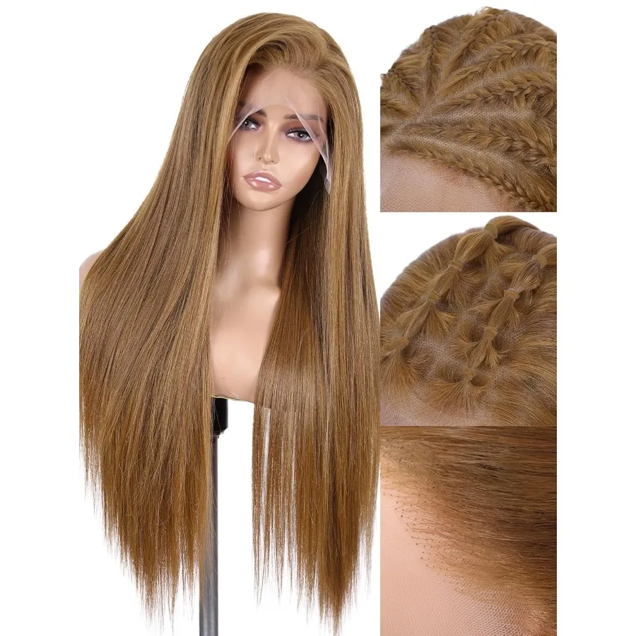 WIGNEE peluca con malla frontal sintética 13x6, 28 peluca marrón mixta, pelucas frontales de encaje hechas a mano prearrancadas con pelo Kanekalon Futura Volumino