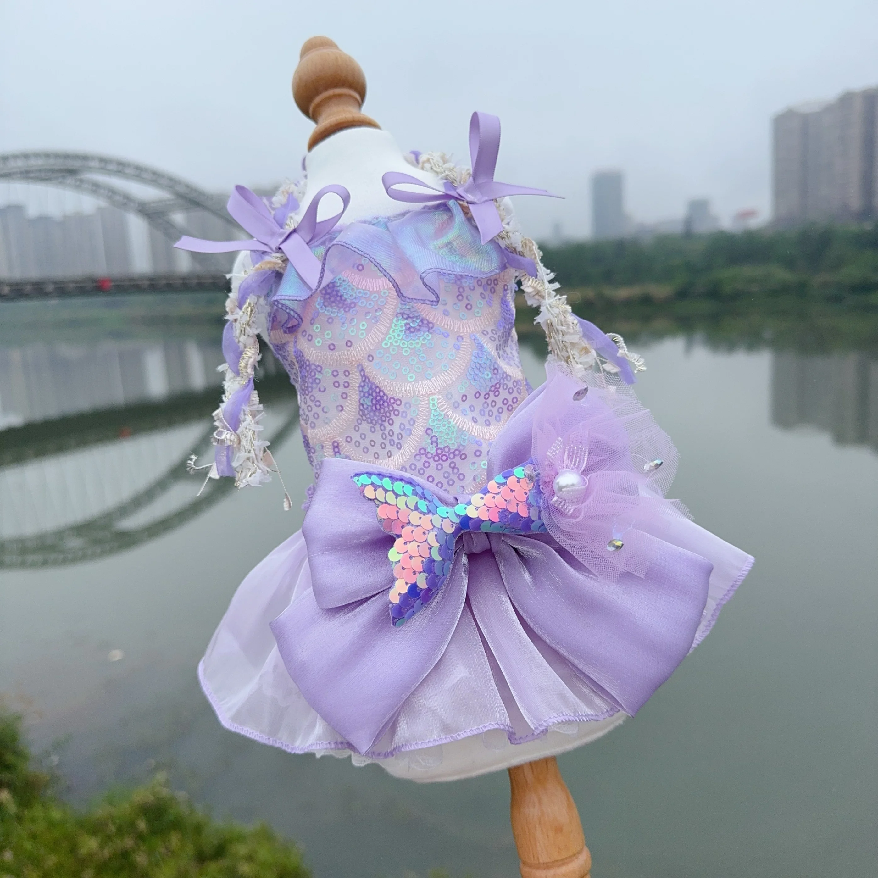 2024 Summer Luxury Pet Dog Clothes Purple Sequin Lace Bow Sling Princess Dress For Small Medium Dog Chihuahua Poodle Skirt XS-XL