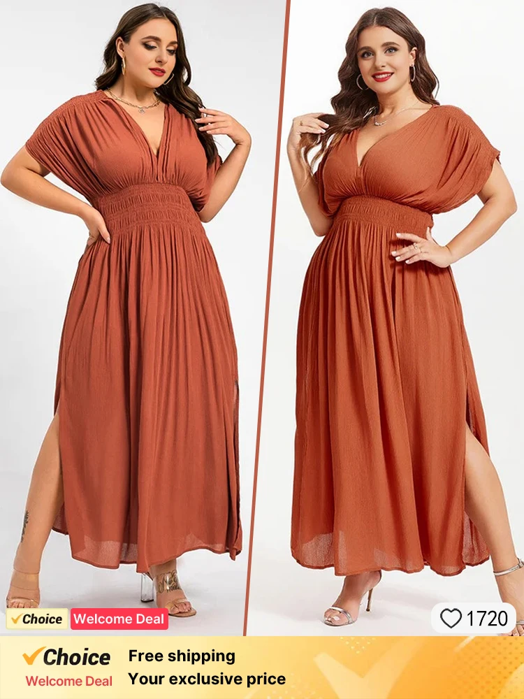 

Original new orange chiffon women's dress plus size casual women's dress summer fashion V-neck batball sleeve women's long dress