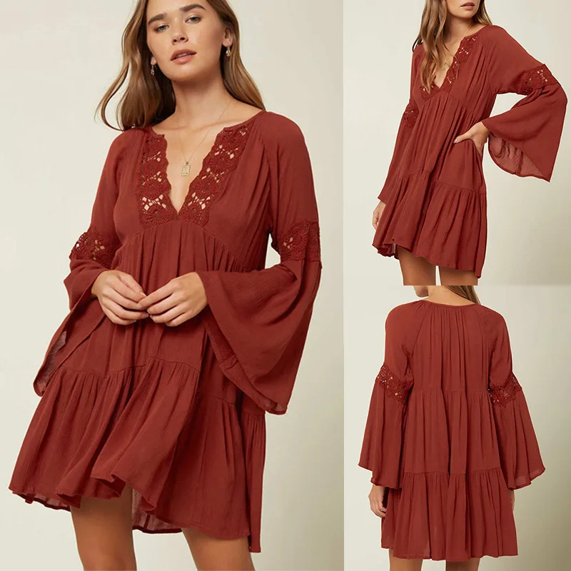 Casual Vacation Bikini Swimsuit Cover-up Dresses For women Boho Beach Flare Sleeve Lace Robe Deep V Neck Summer Dress Vestidos