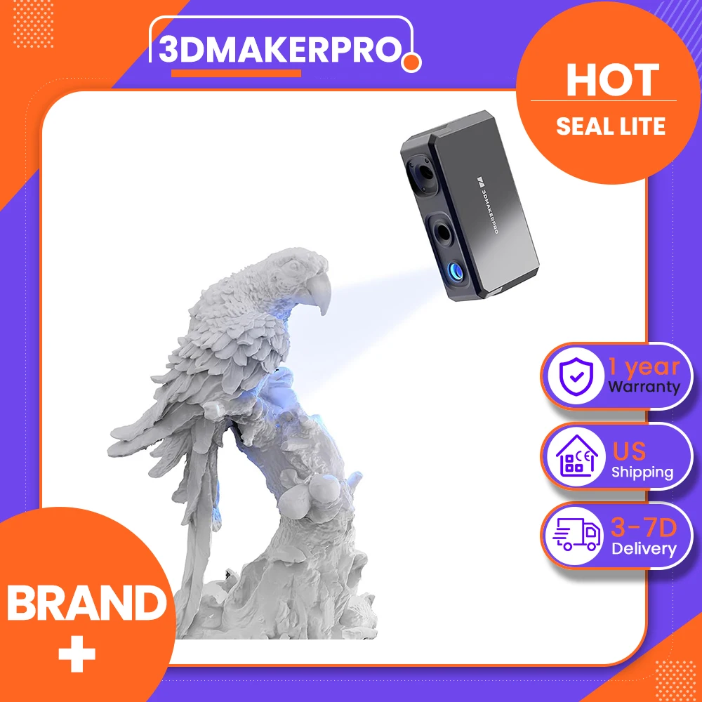 3DMakerpro Seal Lite 3D Scanner, 0.02mm Accuracy, 0.07mm Resolution, Anti-shake Lenses, 10fps Frame, Visual Tracking, US Plug, 180-280mm Work Distance, 100x75mm Single Capture Range, 10-300mm Typical Object Sizes
