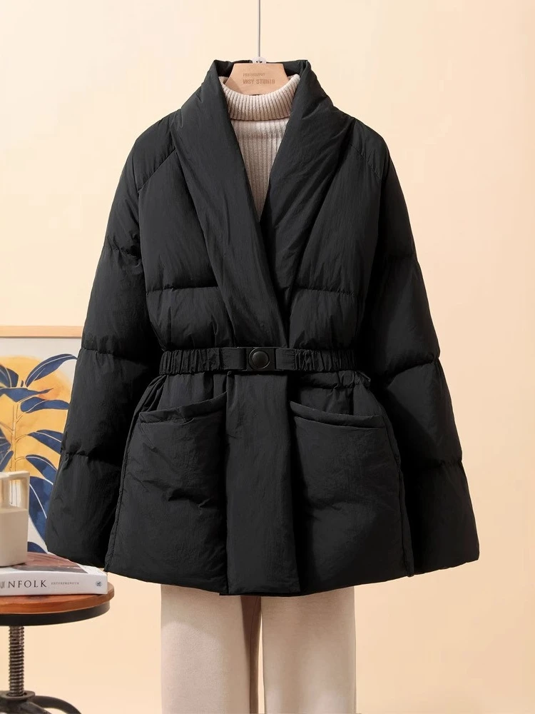 Women White Duck Down Jacket Casual Loose V-Neck With Belt Slim Mid-Length Parkas Fashion Winter Outwear Puffer Coat 2025 New