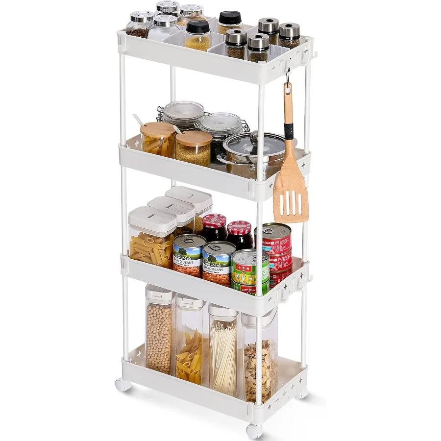 

KINGRACK 4 Tier Rolling Utility Storage Cart with Adjustable DividersSlide Out Storage Mobile Unit for Bedroom Bathroom Kitchen