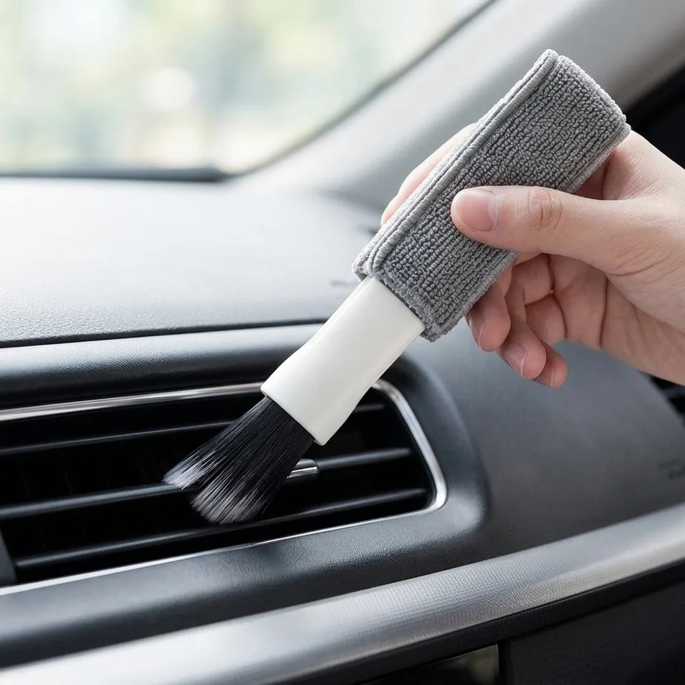 2‑in‑1 Car Interior Cleaning Brush Soft Bristle & Microfiber Brush  For Washable Microfiber Cloth Dust Deep Cleaning Hand Tools