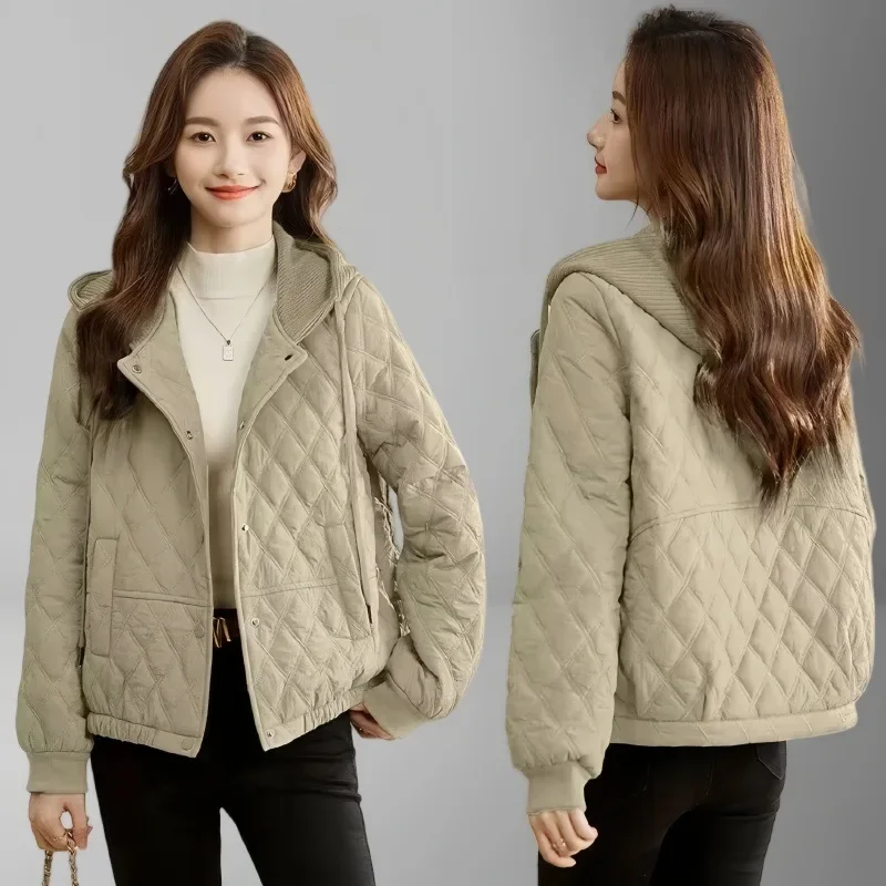 Veste à capuche avec cordon de serrage pour femme, grille de diamant, légère et chaude, Styles courts, vêtements en coton, manteau matelassé à simple boutonnage