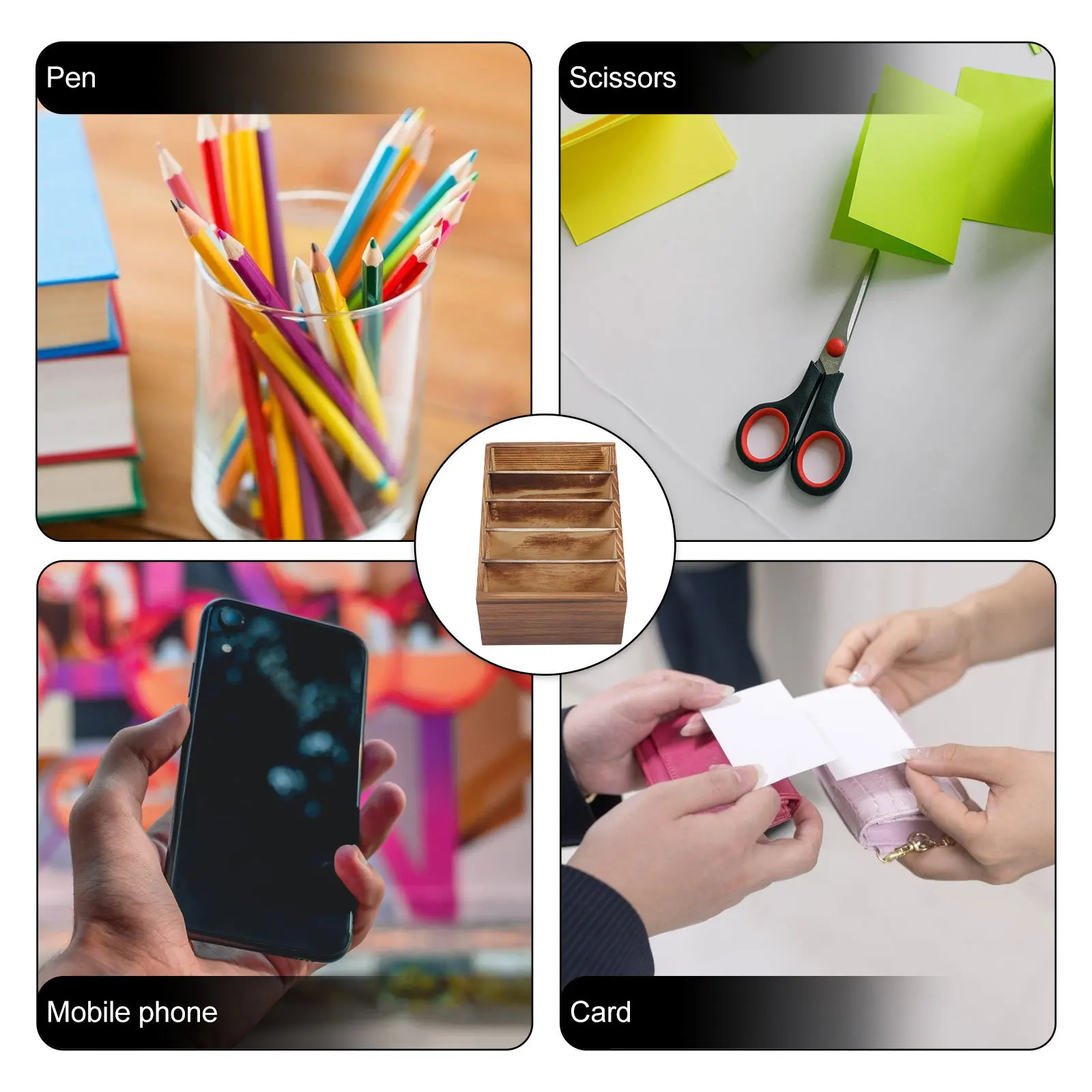 

5 Slot Desktop Phone Organizing Box Natural Wood Material Storage Case for Office Meeting Room Multi-Grid Mobile Holder