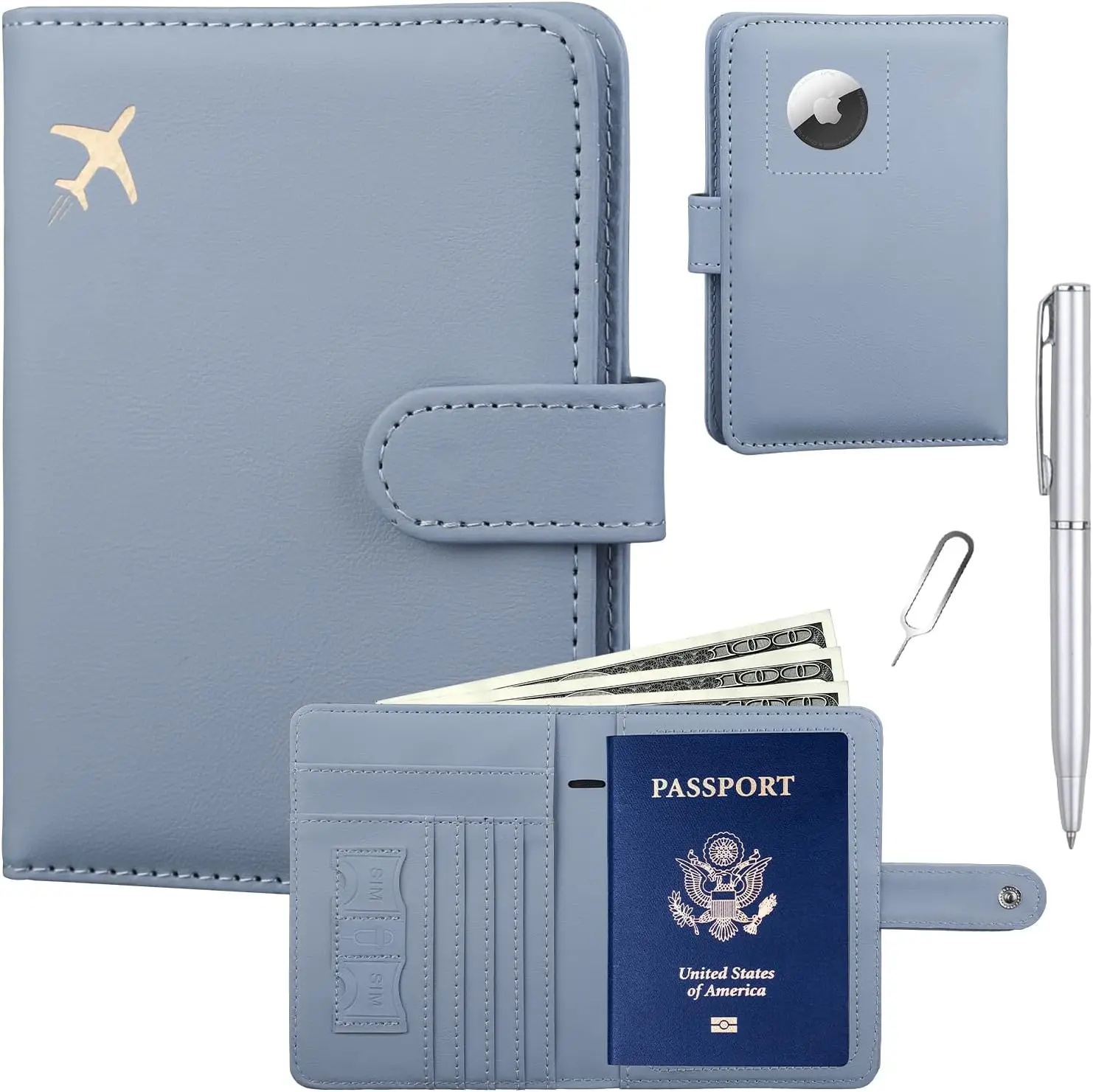 

Travel Passport Holder with AirTag Slot, RFID Blocking Wallet for Women Men, Faux Leather Case Blue