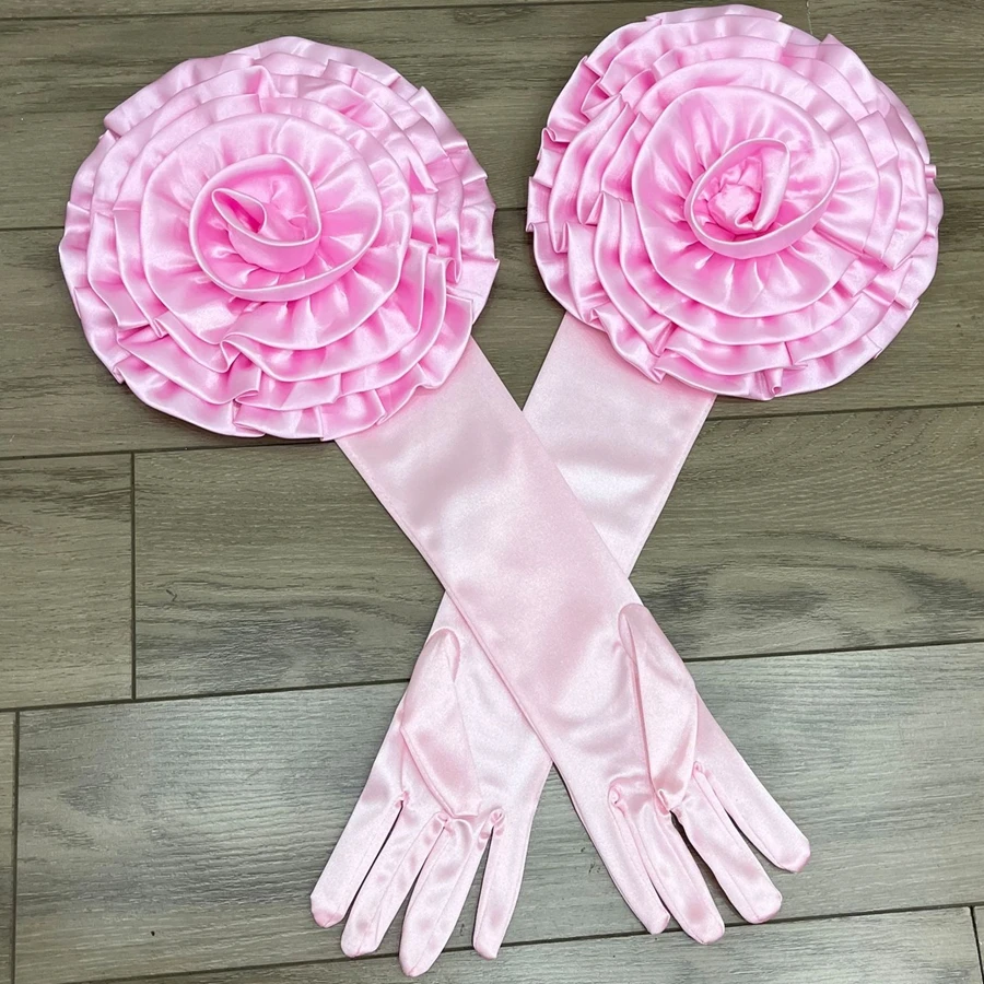 

Вечерние перчатки для женщин, длинные атласные перчатки с большим цветком, сценические аксессуары, длина до локтя, танцевальные свадебные перчатки