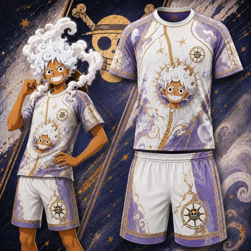 Anime Sun God Straw Hat Pirate Luffy Street Men and Women Children's Loose Shirt T-shirt Sailing Leisure Speed Drying Shorts Set