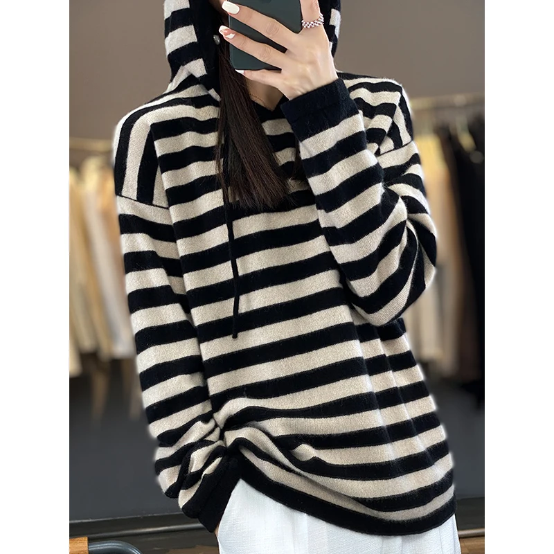 مخطط هوديي المرأة 100% ميرينو رداء علوي من الصوف الخريف والشتاء موضة محبوك مخطط هوديي سميكة الدافئة الملابس النسائية