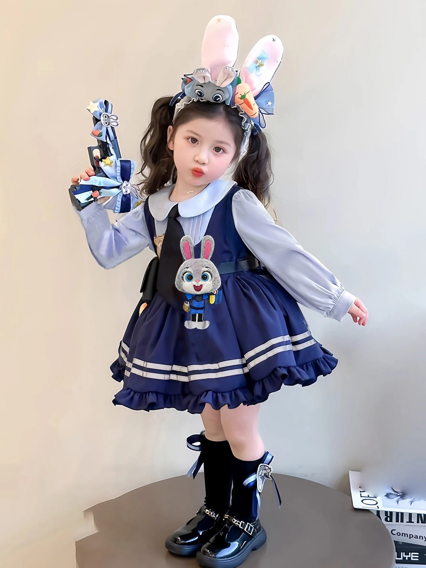

Girls Rabbit Police Officer Dress Spring Autumn Long Sleeved Contrasting Princess Dresses 2026 New Lapel Casual Children's Dress