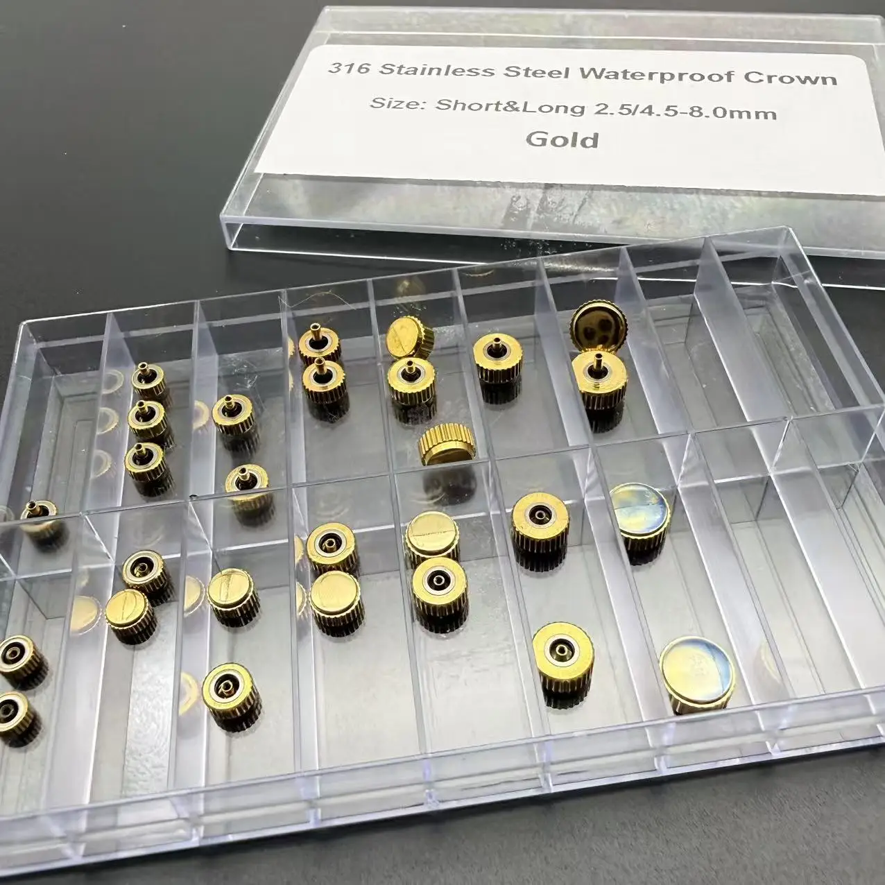 28 Stück/Box Uhrenkrone aus Edelstahl, Öffnung 2,5 mm, 4,5/5,5/6,0/6,5/7,0/8,0 mm, Uhrenkopf-Reparaturteile, Ersatzzubehör – Detail 4