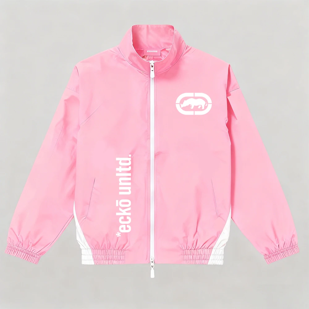 Ecko Unltd Rhino Print Windbreaker for Men, Pink and White Color Block, Zip Stand Collar Casual Streetwear Jacket