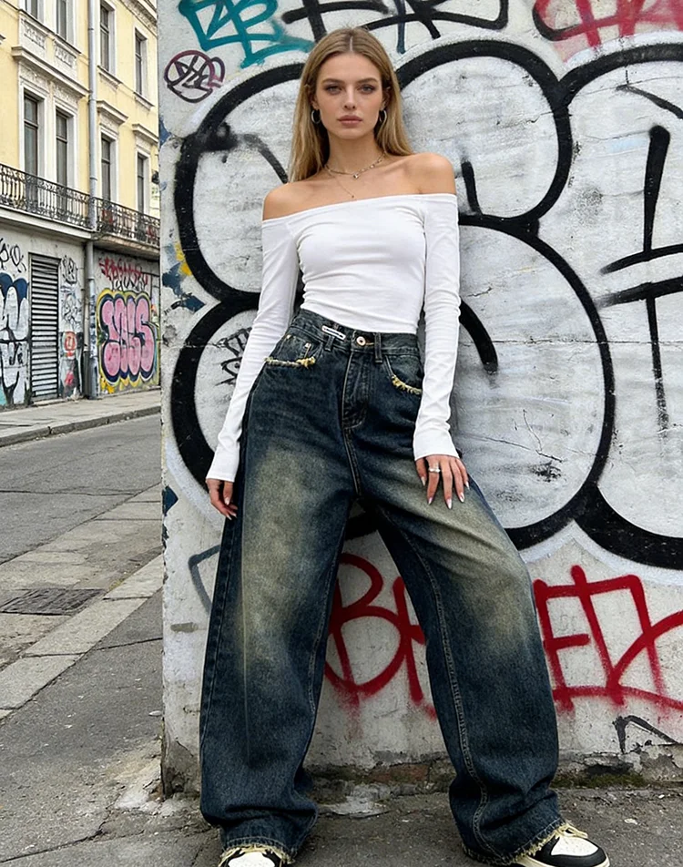Jean pour femmes Hip-Hop jambes larges vêtements de danse élégant unisexe décontracté loisirs mode coréenne Style ample taille haute filles quotidien rétro