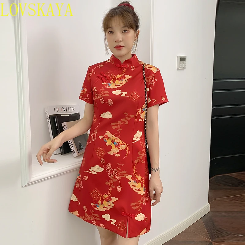 New Year's Red Carnival Party Summer Fashion Modern Checkered A-line Dress Women's Traditional Chinese Costume