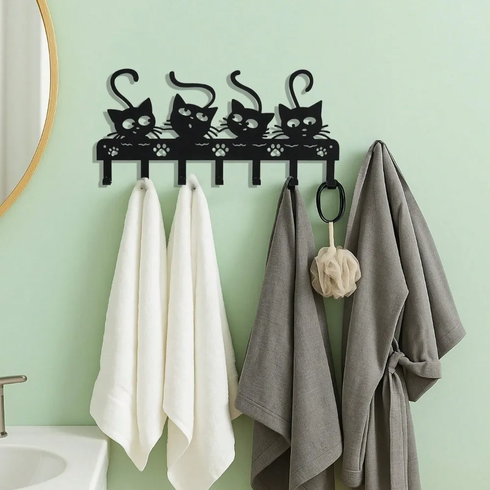 ที่แขวนกุญแจรูปแมวสไตล์วินเทจ – ที่เก็บกุญแจโลหะกันสนิมพร้อมตะขอ 7 อัน ตกแต่งทางเข้าบ้านด้วยธีมสัตว์น่ารัก