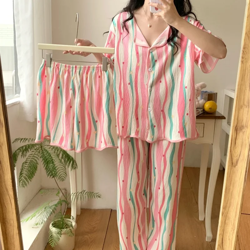 New Women\'s Pajamas Three Piece Ladies Sleepwear Set Stripe V Neck Design Elegant Loose Korea Version Pyjama Large Size Homewear