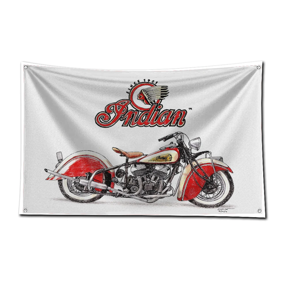 3x5 Ft Indian Motorcycle Racing Flag Polyester Digital Printing Banner for Garage Wall Art Out Door Decoration With Grommets