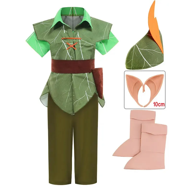 Child Peter Pan Costume With Hat Boys Halloween Fancy Party Dress Up Elf Outfits