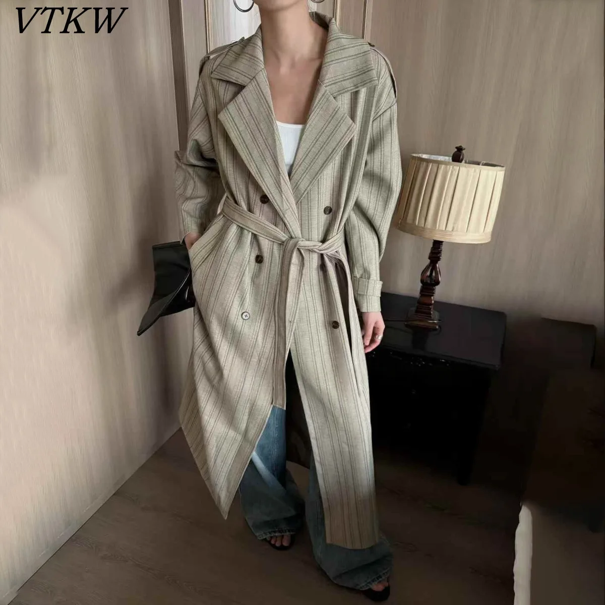

VTKW Woman's Blazer Collar-striped Design, Adjustable Drawstring Waist, High-quality, Loose-fitting Long Coat For Spring 2025
