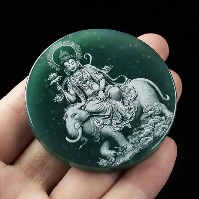 Pure Natural Jade Ice Pendant Puxian Blue Water Bodhisattva Shadow Carving Guanyin Pendant Men and Women's Patron Saint Charms