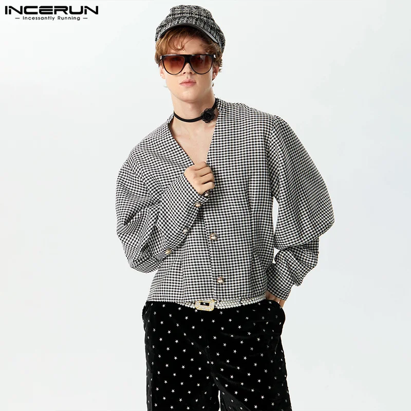 2024 Men\'s Plaid Shirt V Neck Lantern Long Sleeve Casual Men Clothing Streetwear Fashion Leisure Unisex Crop Tops S-5XL INCERUN