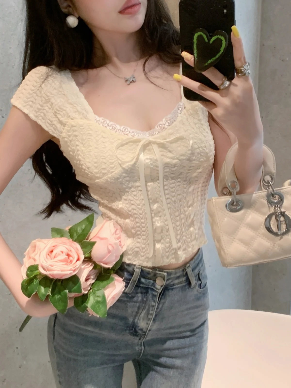 

​​Pureddora French Square Neck Crochet Tee Summer Lace Trim Crop Top Women Luxe Touch Sweet Chic Sleeveless Blouse​​