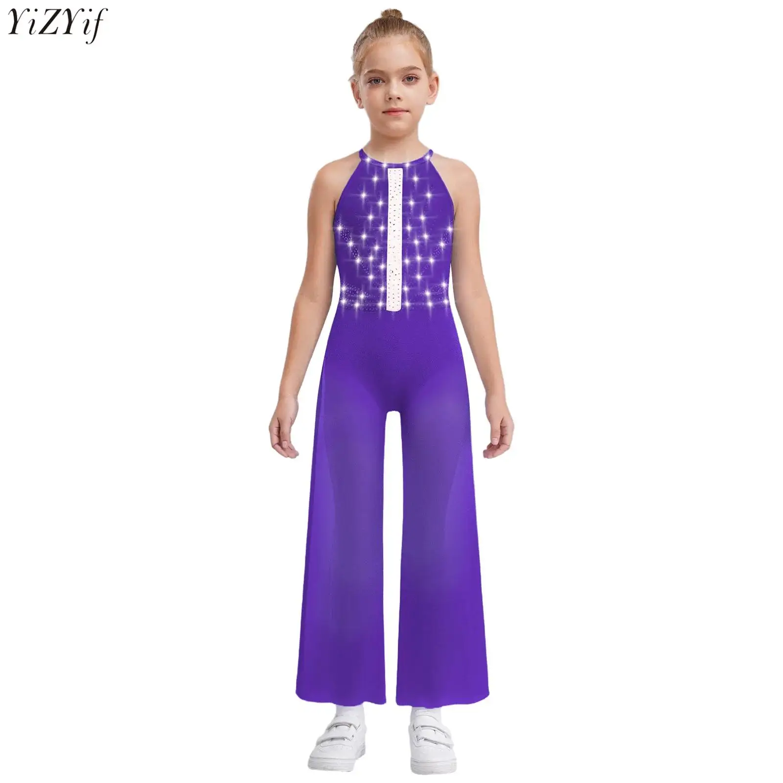 

Fahshion Rhinestone Jazz Dance Bodysuit Kids Girls Sleeveless Keyhole Back Sides Split Wide-Leg Jumpsuit with Built-in Briefs