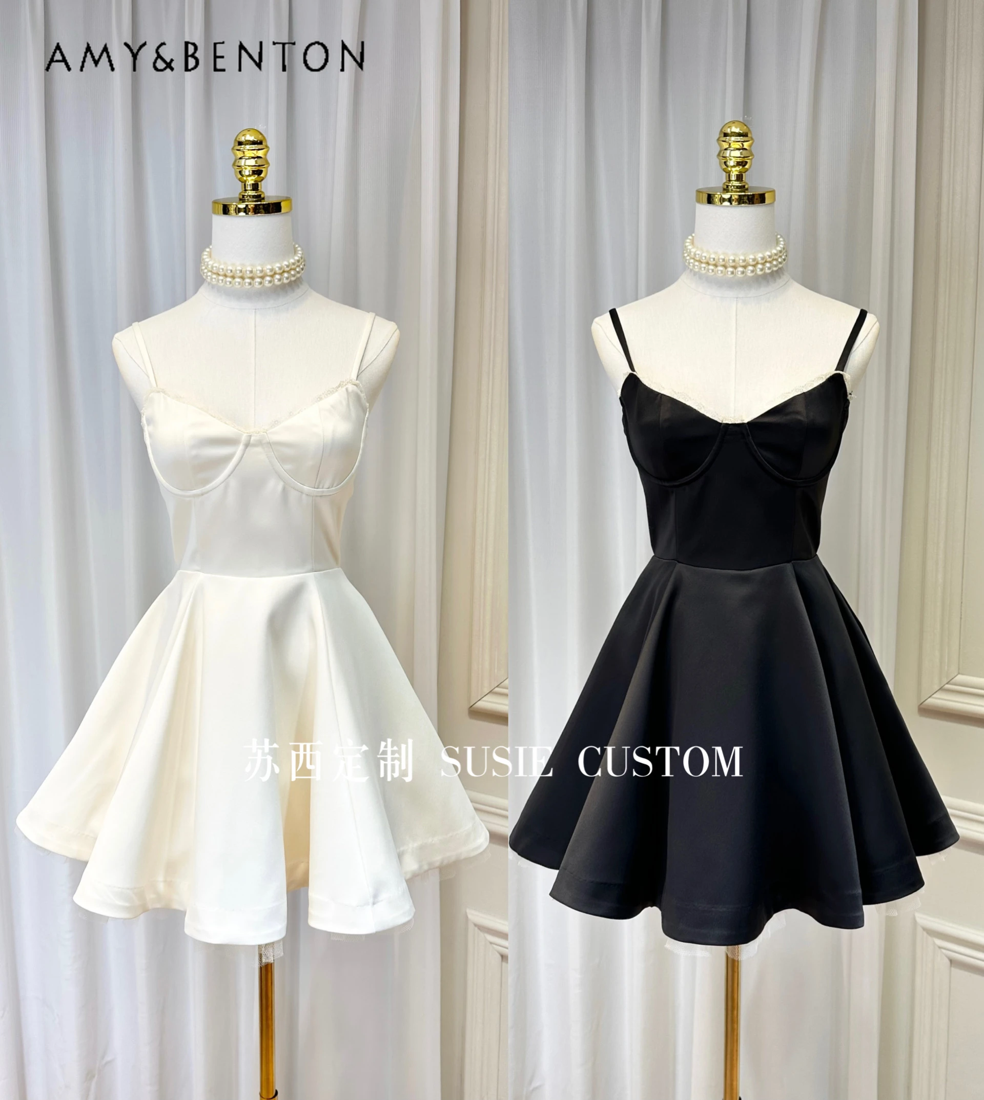 

High-Grade French Princess Lace Fishbone Slim A-line Satin Dress Hepburn Style Graceful Camisole Dress Birthday Dress for Women