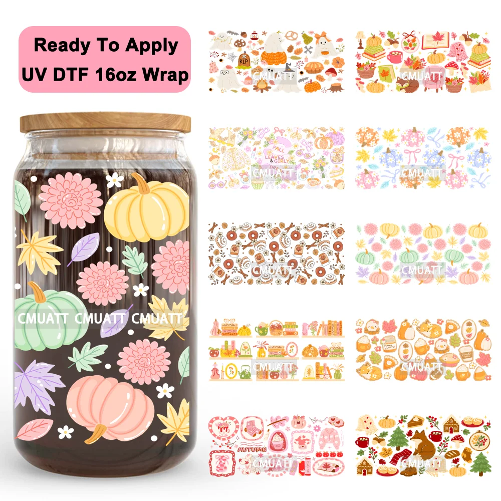 

Fall Pumpkin Spice Autumn Leaves Thanksgiving UV DTF Wraps Transfer Sticker Selfadhesive High Quality For 16OZ Libbey Glass Can