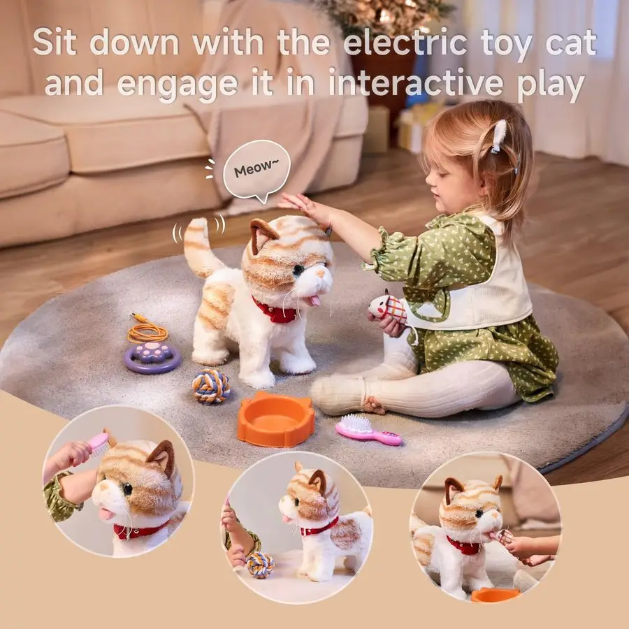 O TU-gato de juguete que camina con correa de Control remoto, juguetes interactivos electrónicos de peluche para mascotas para niños, cola Wag, canto, Pret