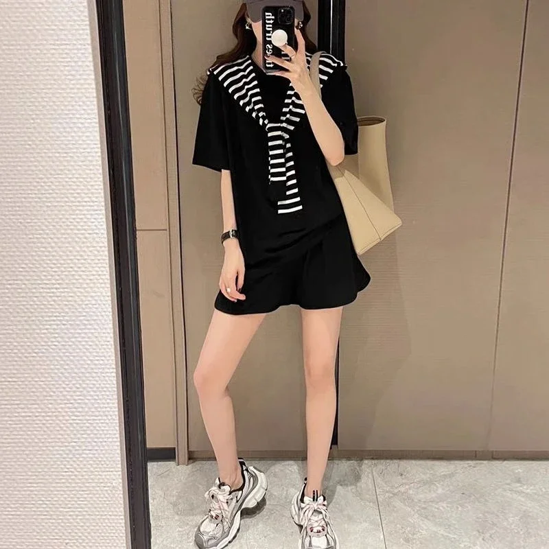 

Plain Straight T Shirt Cotton Woman Shorts Top and Bottom Vacation Outfits 2025 Stylish Novelties Short Sets for Women 2 Pieces