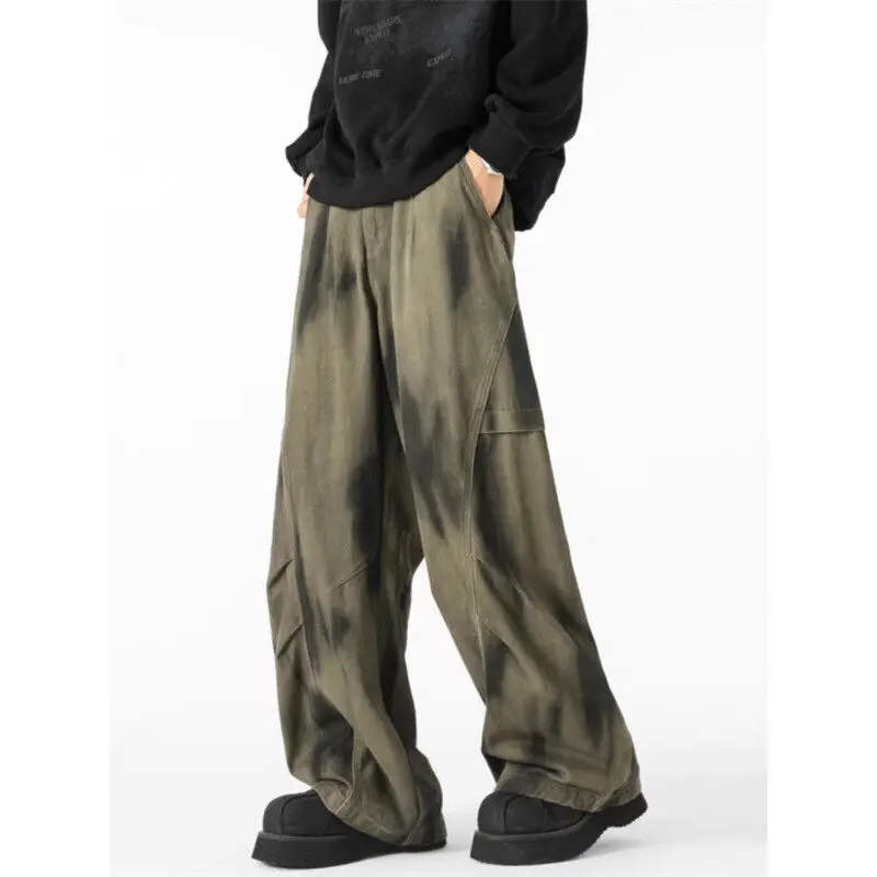 Men\'s Distressed Tie-dye Denim Pants Male Casual Fashion Straight Loose Wide Leg Trousers Jeans Vintage Hip Hop Mopping Pants