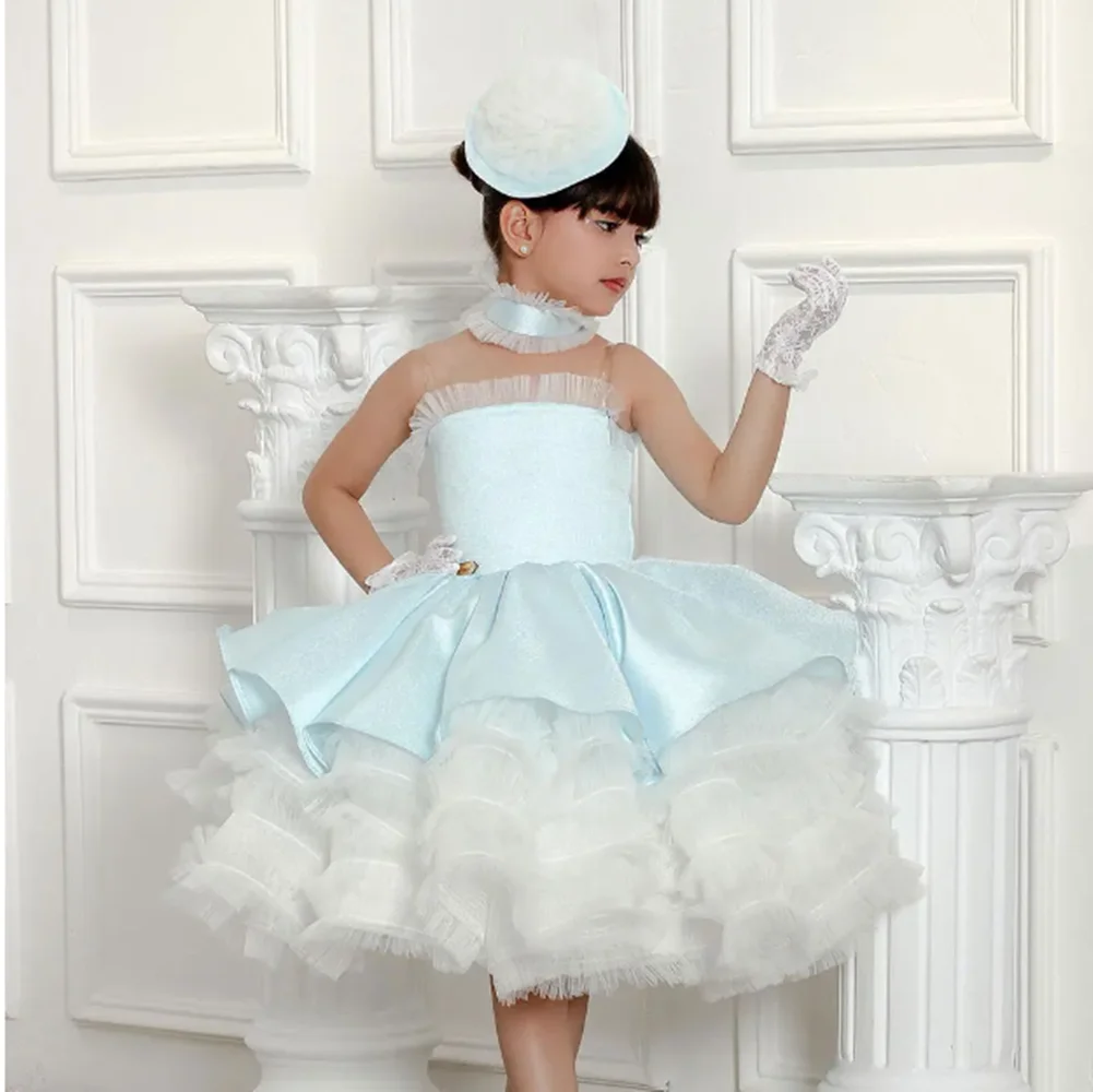 

Puffy Flower Girl Dresses For Wedding Tulle Elegant Blue Satin Knee Length Princess Birthday Party Prom Dress Ball Gowns