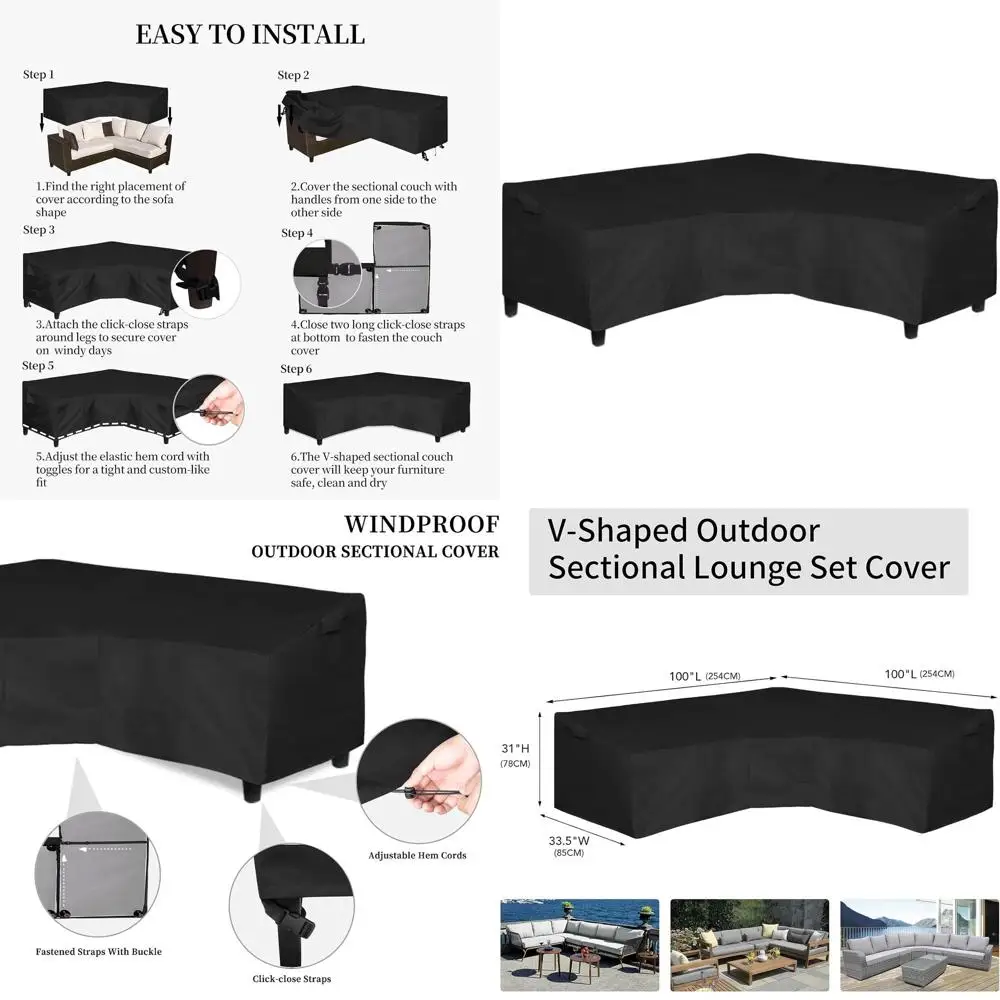 

Чехол для садовой секционной мебели V-образной формы 100x100, сверхпрочный, из ткани 600D, водонепроницаемый, с вентиляционными отверстиями, черный