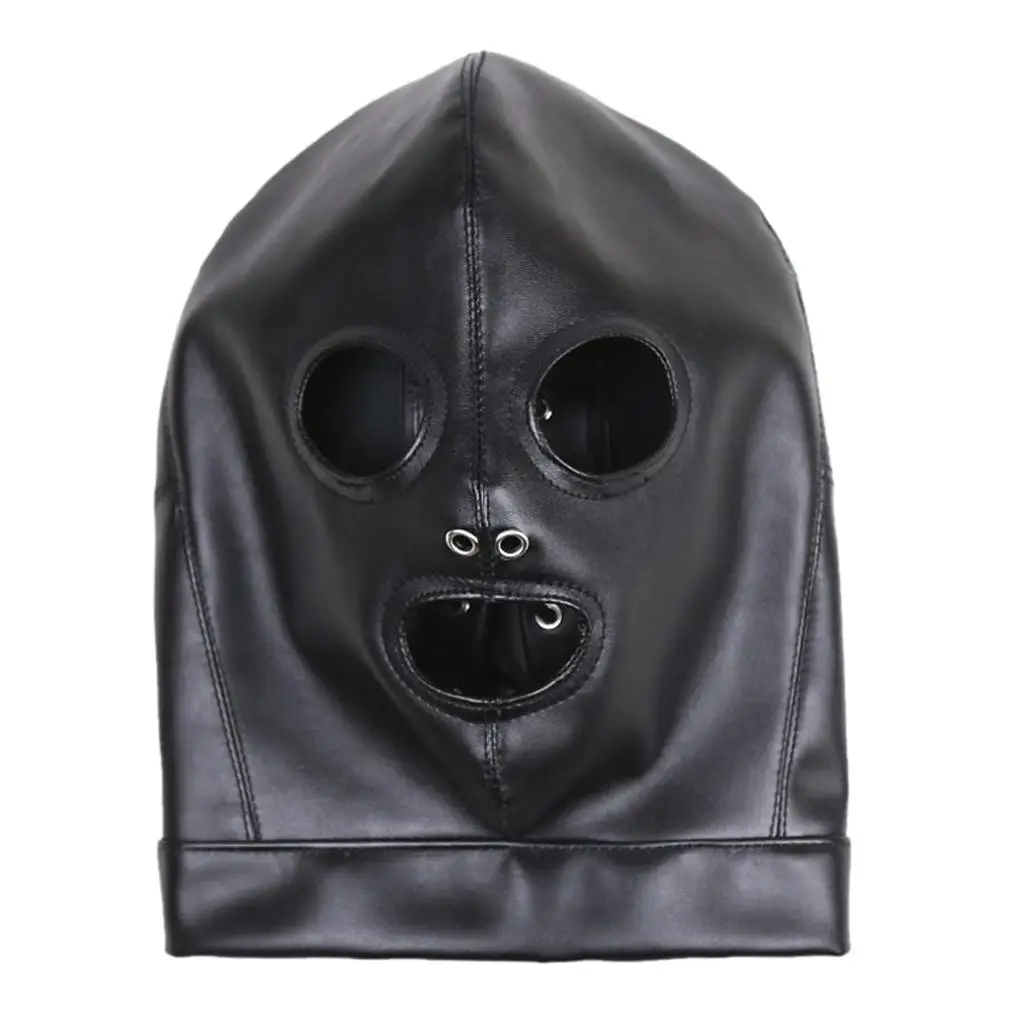 

Unisex Adult Black Faux Leather Hood Mask Lace Up Full Head Face Cover Toys