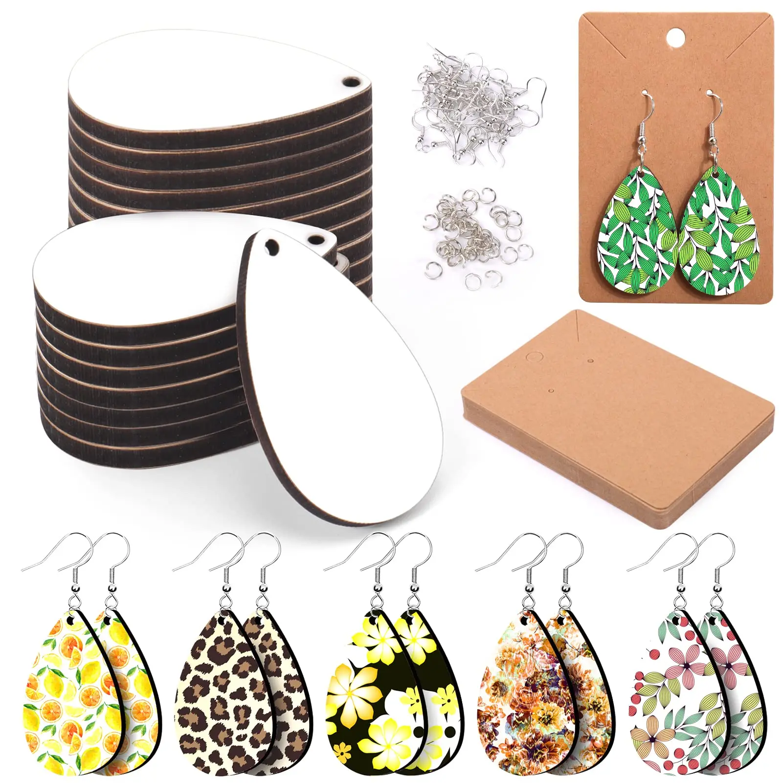 

250PCS Sublimation Blank Earrings with Earring Hooks Jump Rings Ear Plugs Holder Cards Bags for Jewelry DIY Making