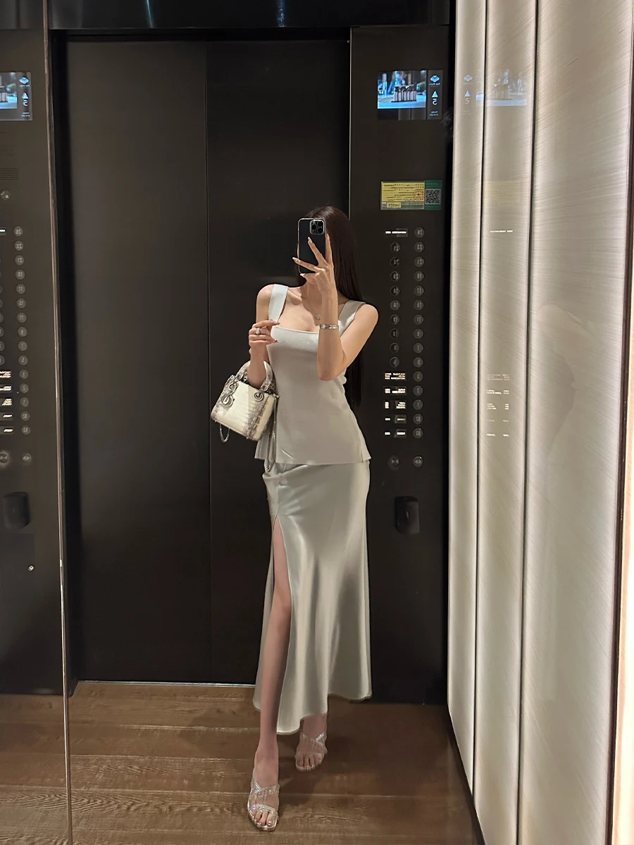 

Ele High Waist Fi Tail Skirt Sexy Side Slit Satin f Skirt Women's Slim Fit Commute Sle Korean Version Zipper Model