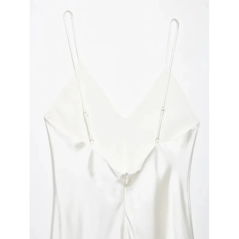 Retro Casual ärmelloses langes Kleid mit V-Ausschnitt für Damen, weißes Seidensatin-Hosenträger-Design, modisches Party-Sommer-Abendkleid