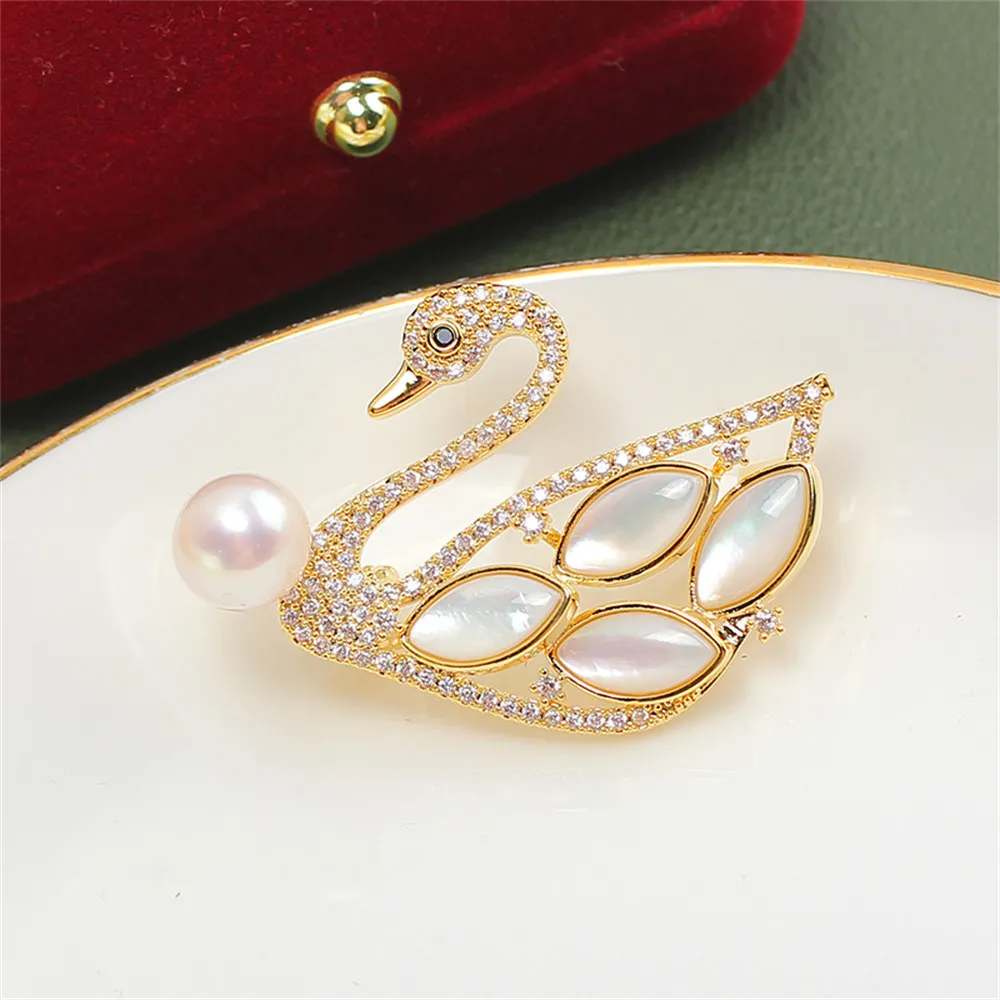 Swan Fritillaria Zircon Pearl Brooch Copper Gilded Inlaid Accessories Empty Support Accessories Breast Flower Jewelry Female