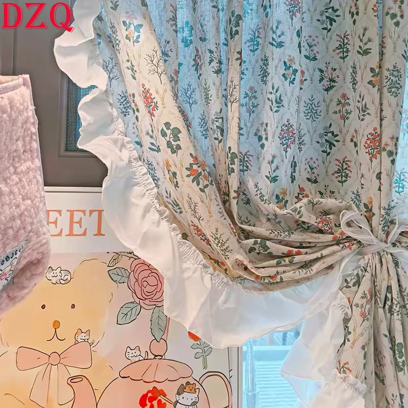 

Retro Floral Door Curtains for Living Room Idyllic American Rural Style Kitchen Ruffled Lace Curtains for Home Decor #A683