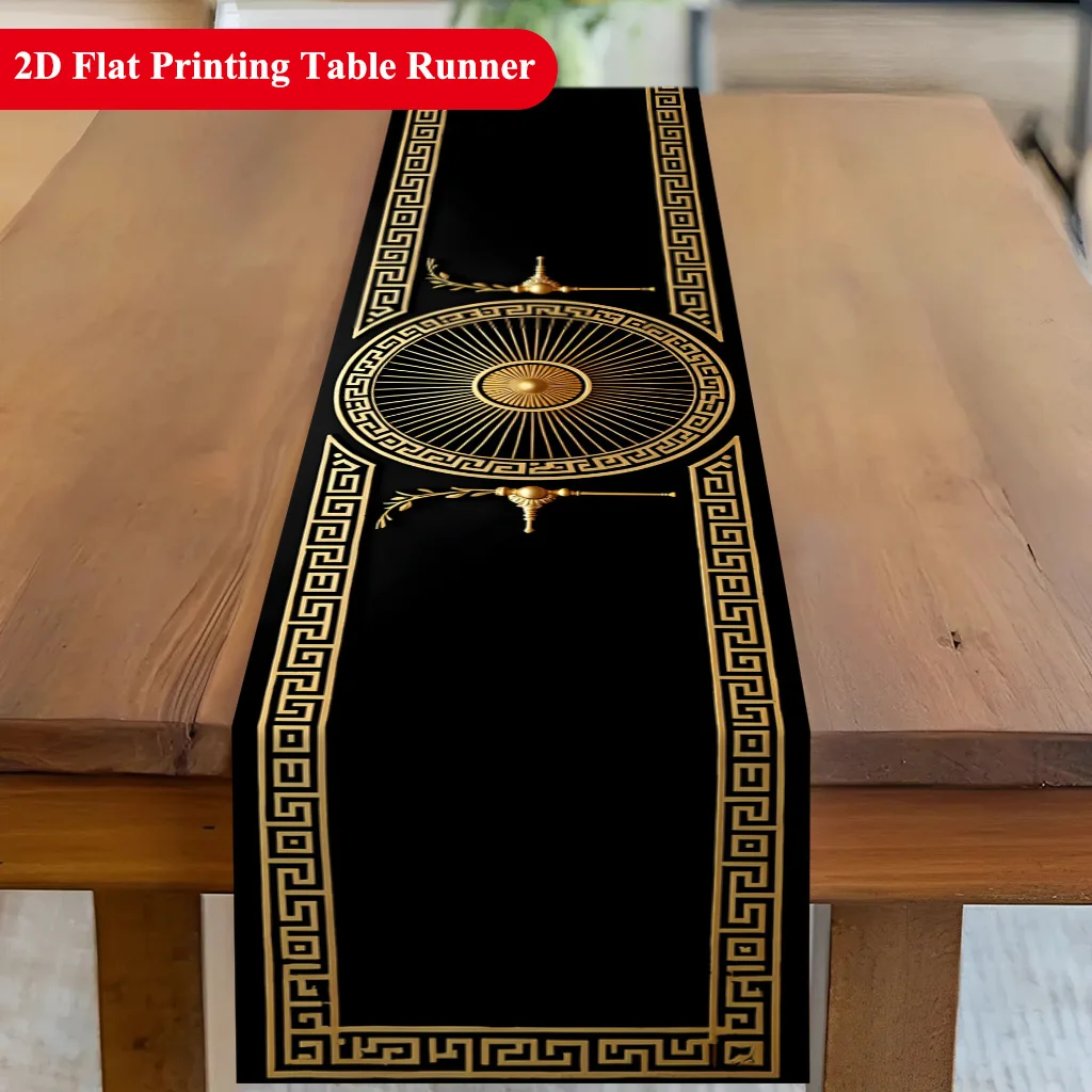 Elegant Gold Patterns Fine Border Table Runner - Luxury Vintage Motif Decoration for Holiday Kitchen Dining Home Party