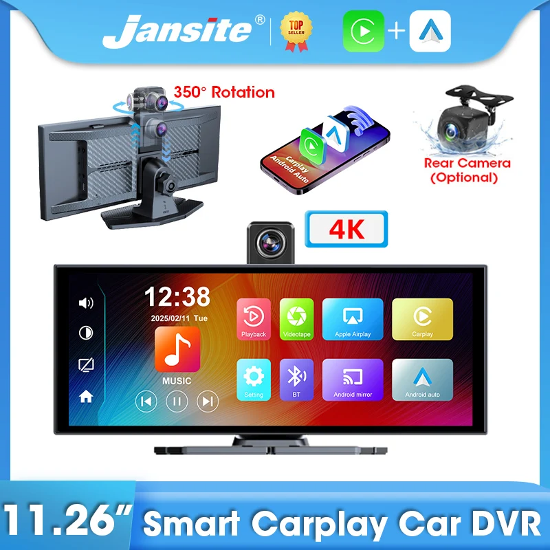 

Jansite 11.26" Carplay Screen Car DVR 4K Dash cam Rotatable Front Camera Android Auto Video Recorder Mirror-link GPS Navigation