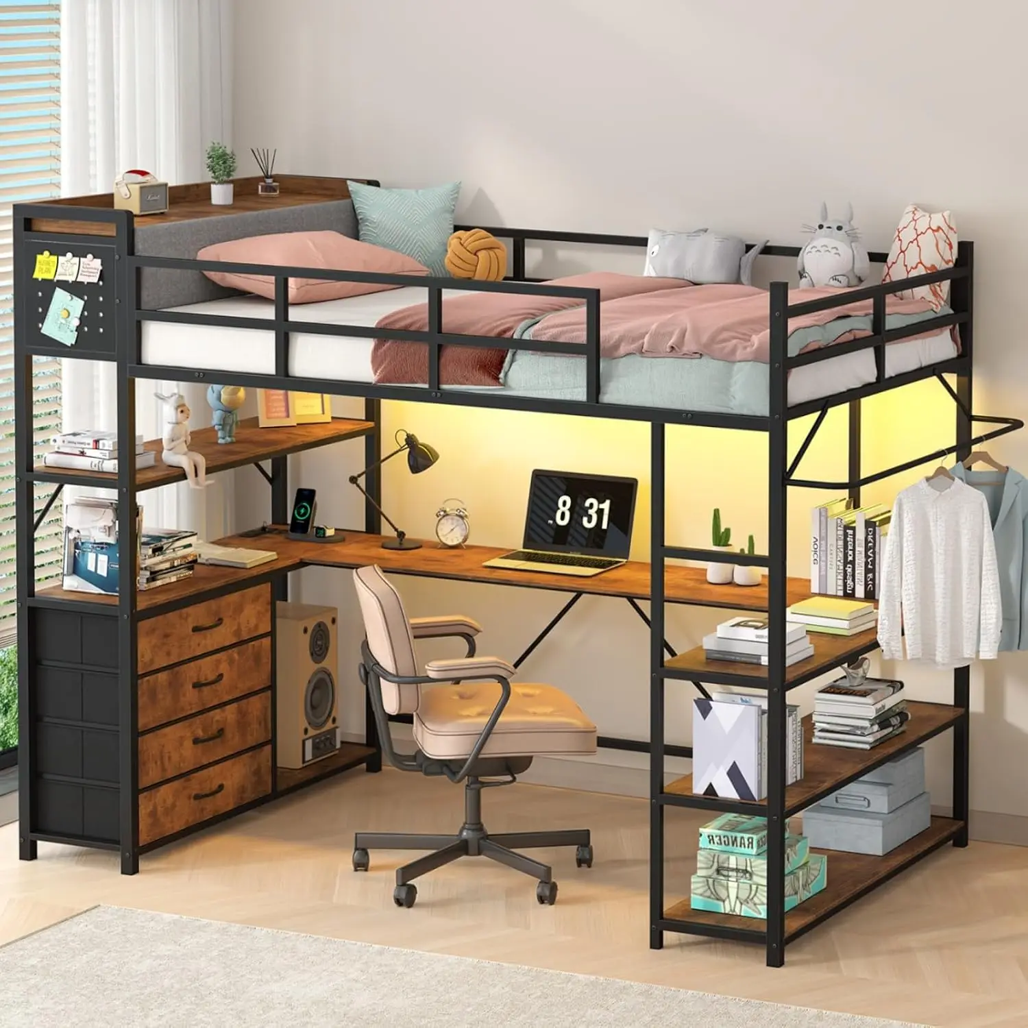 Loft Bed Twin Size with Storage Upholstered Headboard & U-Shaped Desk | Twin Loft Bunk Beds with LED Lights & Power, Customized